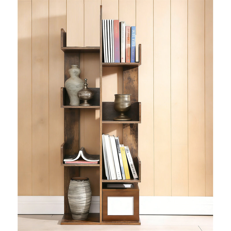 Rustic Brown Tree-Shaped Bookshelf With 8 Storage Shelves, Rounded Corners Bookcase