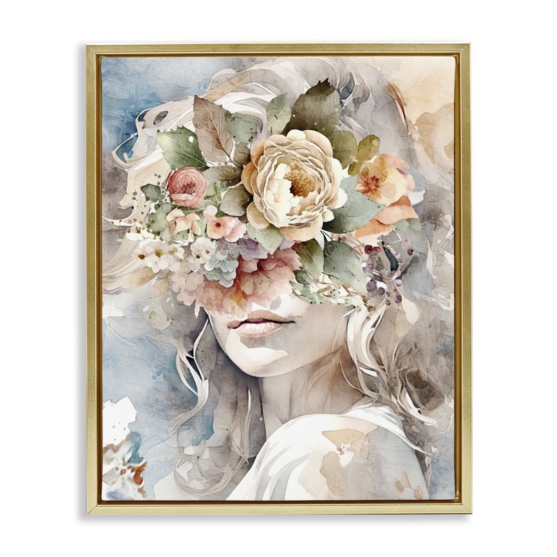 Portrait floral de fille, H 21 po x l 17 po, Cadre flottant métallique doré
