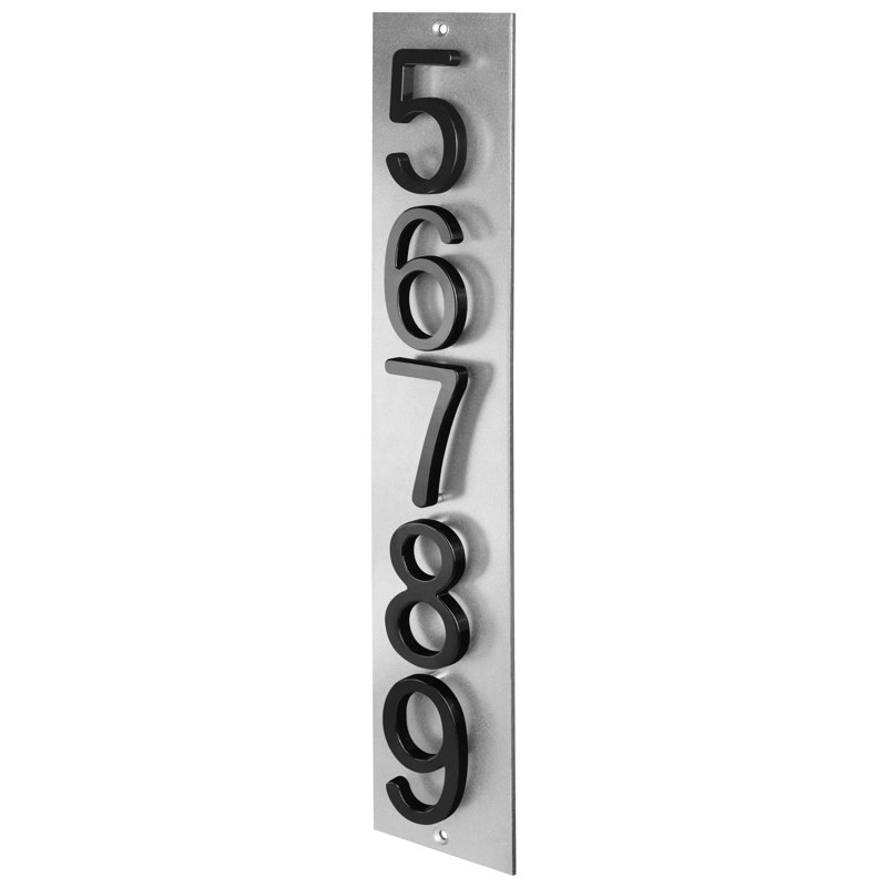 Plaque d'adresse verticale flottante en aluminium Royal Shade - 5 chiffres personnalisés, Noir, Argent argent, Oui