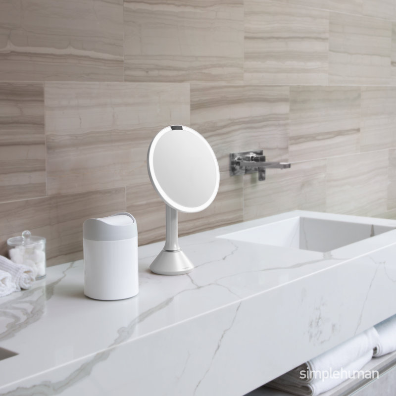 simplehuman 8" Round Sensor Makeup Mirror with Touch-Control Brightness, 5X Magnification, Cordless, White