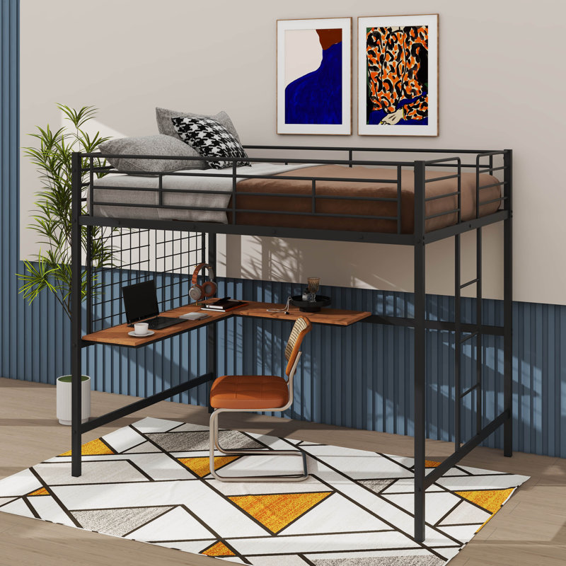Lit mezzanine double en métal avec bureau intégré, Noir, noir, noir, noir