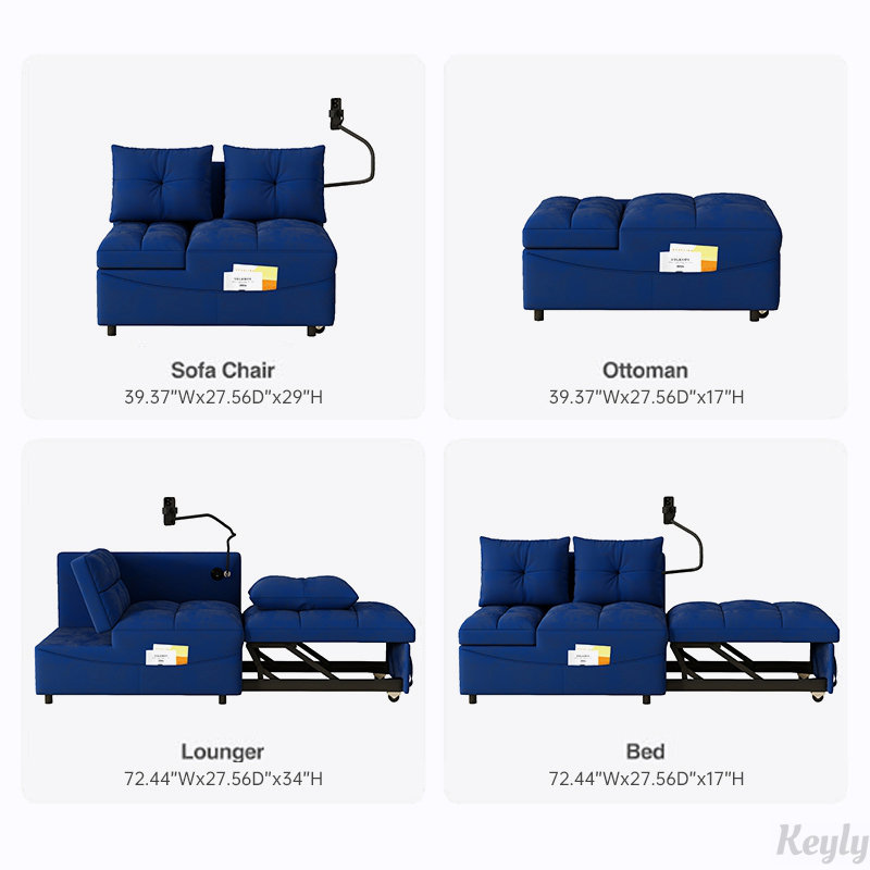 Lit escamotable en velours, canapé-lit pliable en 3 longueurs, Bleu