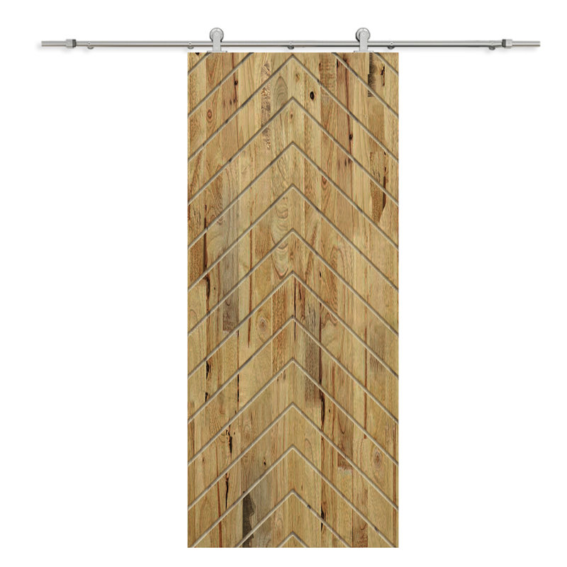 Porte de grange lambrissée peinte en bois et en métal avec trousse de quincaillerie d'installation, 30 po x 84 po, Brun