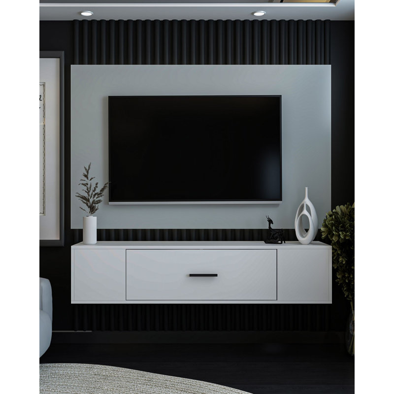 Meuble télé moderne blanc de 59,1 po x 13,0 po x 13,0 po | 100% panneau de particules enduit de mélamine, épaisseur: 0,7 pouce | Fixation murale, conception élégante, parfaite pour le salon et les espaces de divertissement, durable et élégante