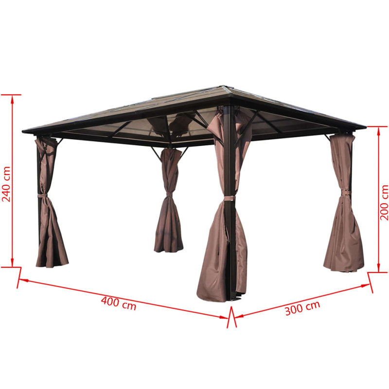Pavillon de jardin en aluminium avec rideau, Brun, 157,5 po x 118,1 po