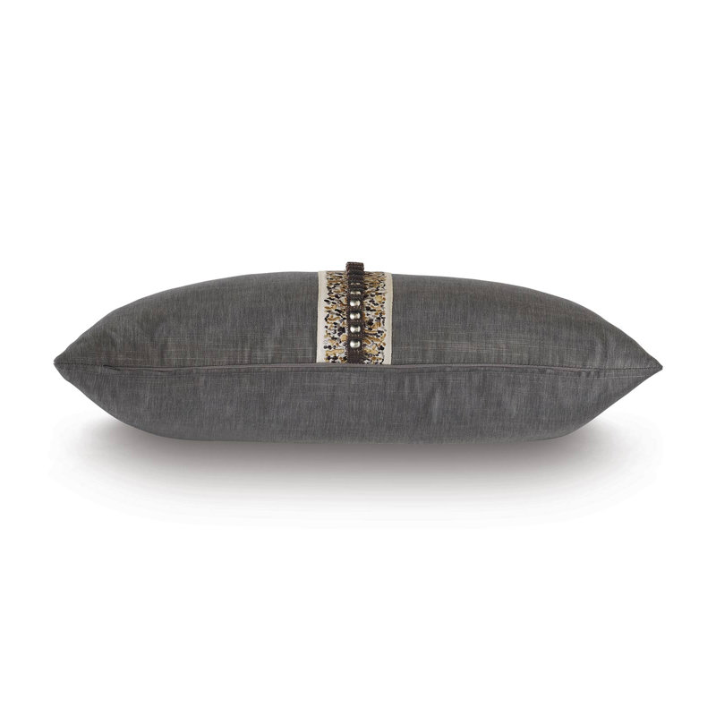 Taupe Rectangular Cotton Blend Lumbar Pillow with Embroidered Trim