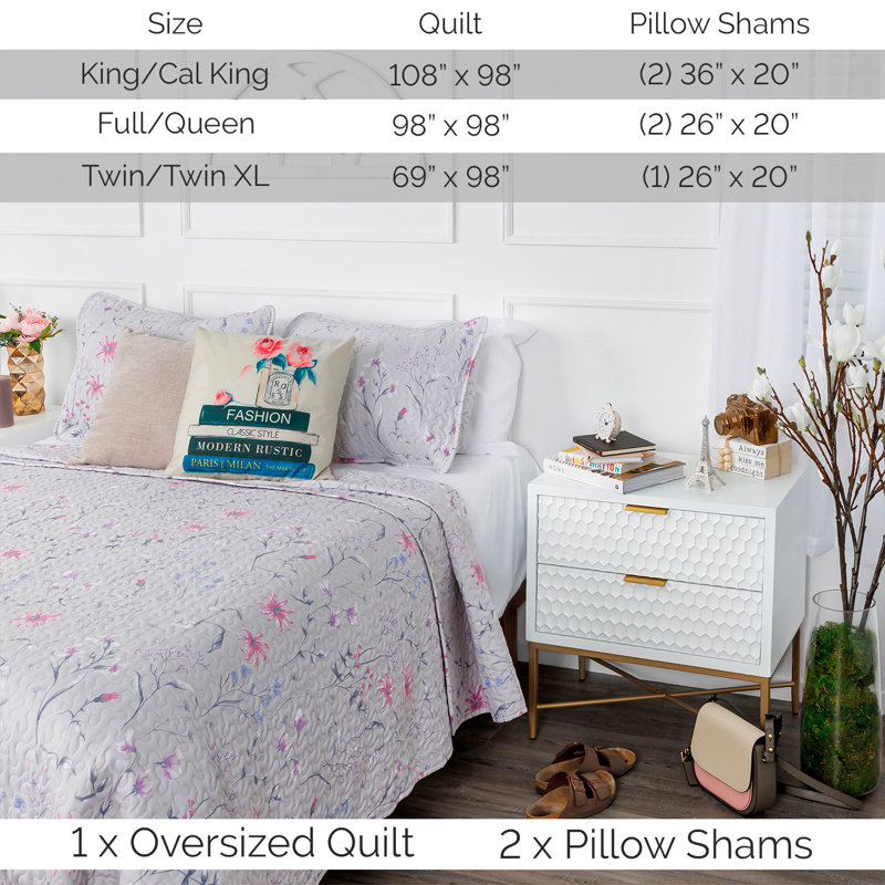 Secret Meadow Microfiber Reversible Quilt Set, Gray, Twin Quilt + 1 Standard Sham