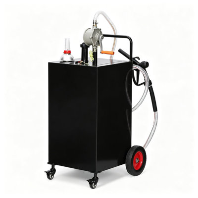 30 Gallon Metal Gas Caddy Fuel Transfer Tank with Reinforced Ribs 2 Wheels and 2 Support Legs Black Portable Gasoline Storage Cart for Garage Farm Workshop Lawn Equipment and Emergency Refueling