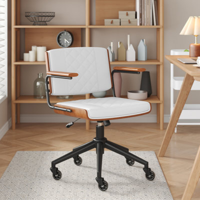 Chaise de bureau Mid-Century avec accoudoirs en bois de noyer, chaise de bureau pivotante avec roues en caoutchouc et hauteur réglable, dossier en bois cintré, conception ergonomique pour le bureau personnel, la salle d'ordinateur, la réunion