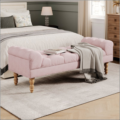 Button-Tufted End Of Bed Bench With Large Upholstered Ottoman, Comfortable Foot Rest And Rolled Arms For Indoor Use