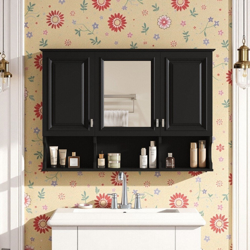 Pharmacie murale de 41 pouces avec tablettes ouvertes en miroir et poignée de rangement en panneau de fibres à densité moyenne réglable