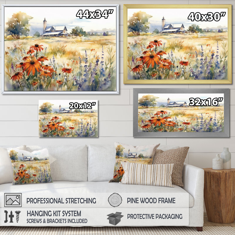 «Green Green Meadow At The Farm II», reproduction d'art sur toile florale, H 30 po x l 40 po x P 1,5 po, Cadre photo noir