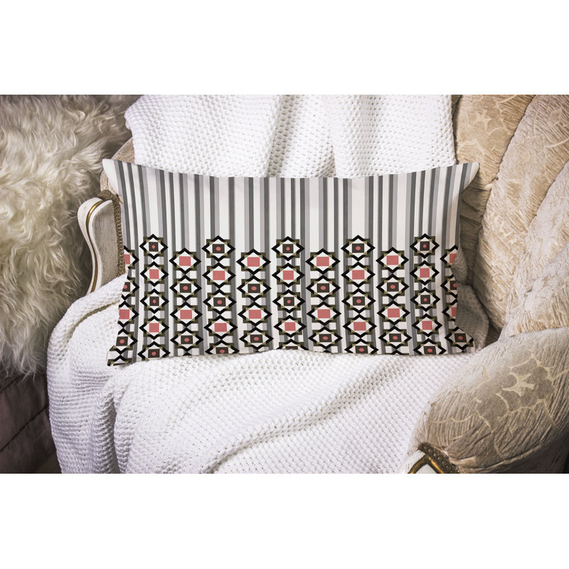 Blooming Bouquet Stripes  Rectangular Throw Pillow, White/Gray