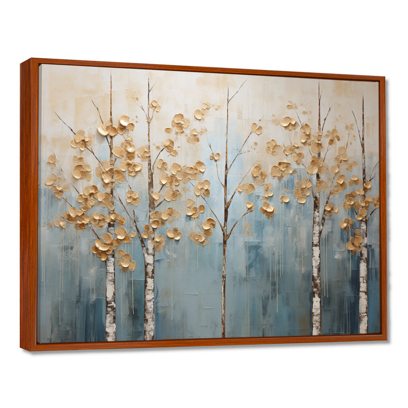 Minimalisme, arbres dorés et bleus, paysage II - art mural arbres, H 12 po x l 20 po x P 1 po, Cadre flottant brun
