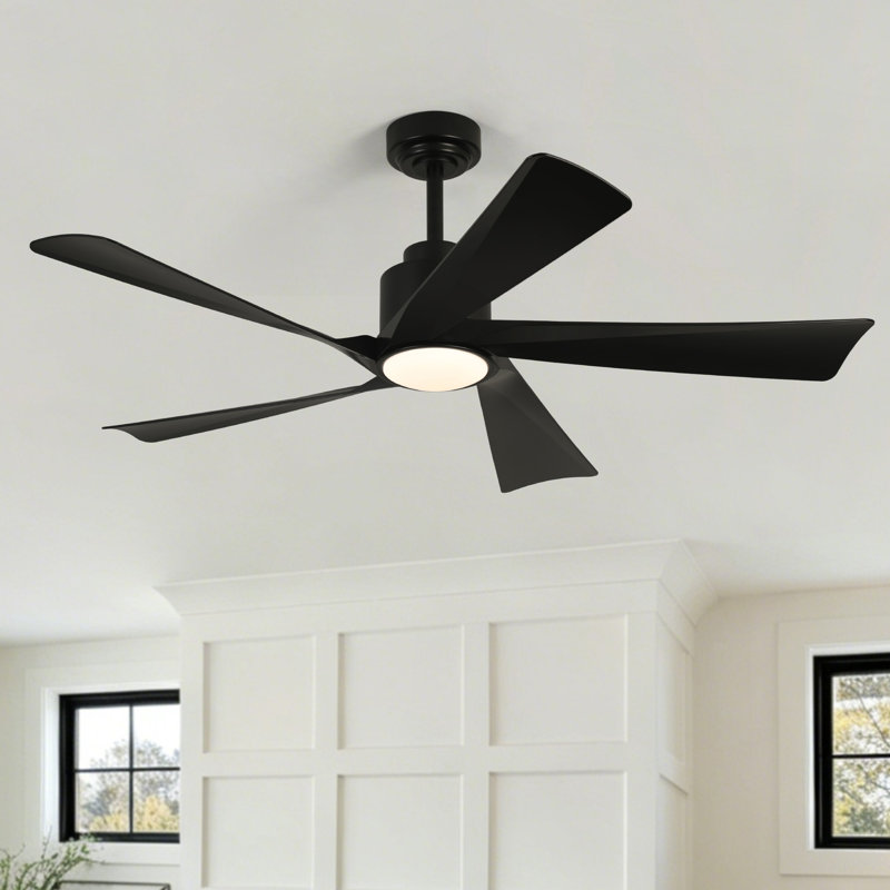 Karlena 52'' Modern Large Ceiling Fan With Led Lights And Remote Control, App, Timer, Memory, Black with Midnight Blade