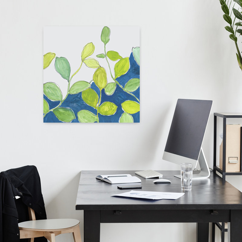 Feuilles de bleu II, art de paysage naturel abstrait serein biologique, H 18 po x l 18 po