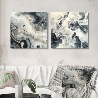 2 pièces de marbre moderne, encre monochrome I - art mural de décoration murale en marbre - art mural moderne pour le salon