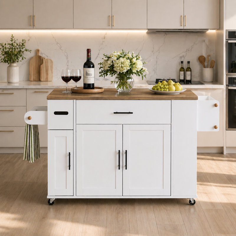60.32"W Kitchen Island Cart with with Drop-Leaf Tabletop, Two Large Storage Cabinet,Drawers, Locking Wheels,USB-A/USB-C,& 2 AC outlet
