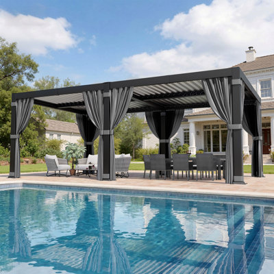 Aluminum Pergola with Adjustable Louvred Roof Waterproof Curtains and Nets