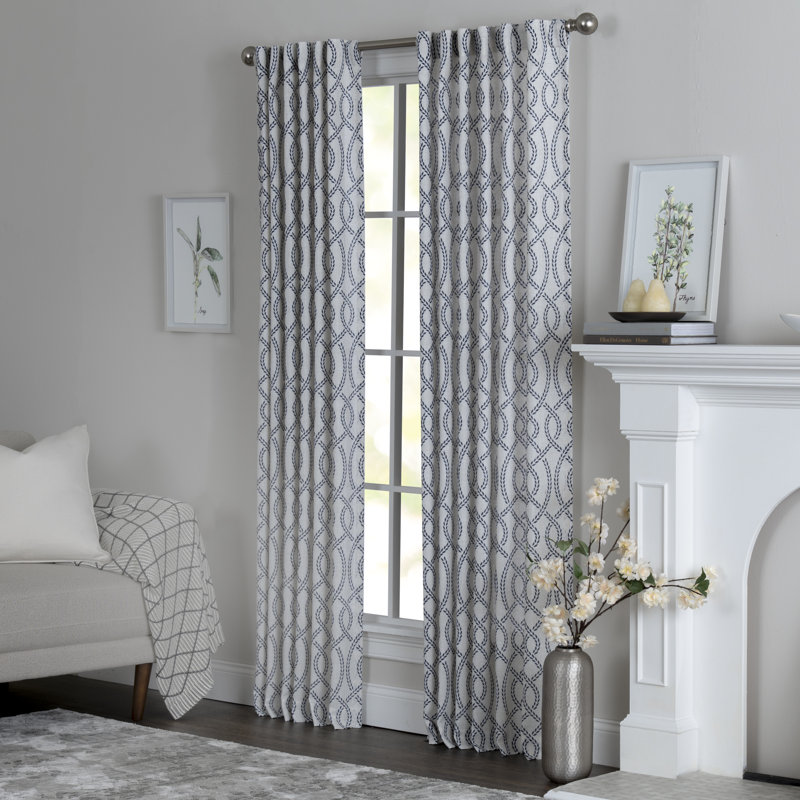 Wobna Polyester / Linen Light Filtering Geometric Leaf Print Curtian Panel with Rod Pocket Top , 50" W x 95" L, Navy