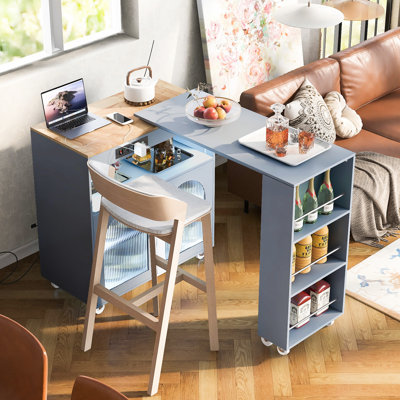 Modern Grey Kitchen Island With Fluted Glass Doors, Led Lighting, Power Sockets & Storage Extended Table, Lights, Outlets, Doors Robust Construction