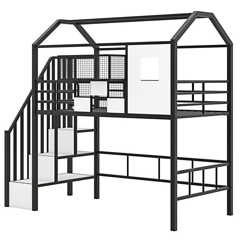 Lit mezzanine en métal avec toit et boîte de rangement, Noir