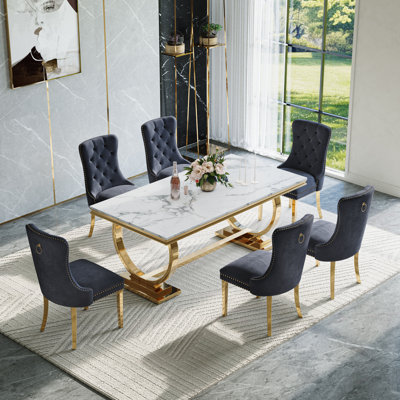 Ensemble de salle à manger moderne - table de 70 po avec base en acier inoxydable et chaises en velours