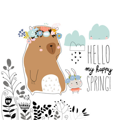Sugden Cute Bear With Little Bunny Staying In Spring Plants - Wrapped Canvas Print