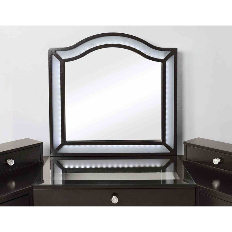 Glam Style 1pc Vanity w/ Stool Set 8mm Glass Top Storage Drawers LED On Mirror Obsidian Gray Finish Bedroom Furniture