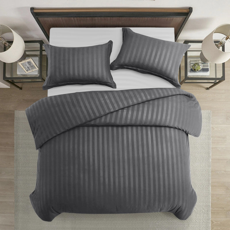Microfiber Striped Duvet Cover Set with Pillowcases Included, Double Duvet Cover Set + 2 Standard Pillowcases, Grey