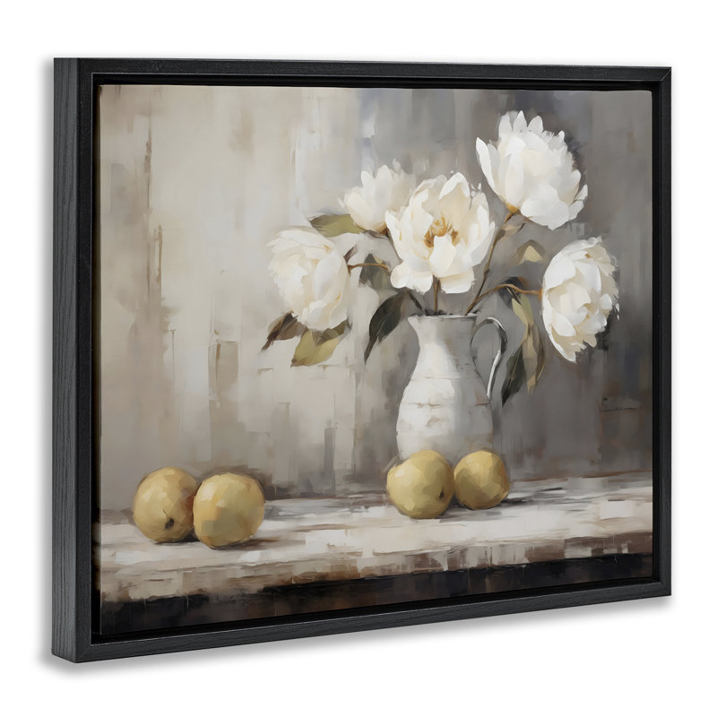 Vase de pivoines et citrons, cadre flottant, design par LSR Creative Studio, Cadre flottant noir de jais, H 17 po x l 21 po
