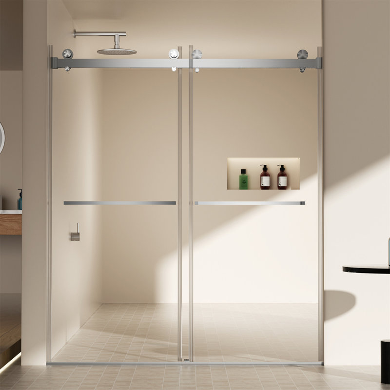 Porte de douche coulissante double sans cadre l 56 à 60 po x H 70 po, verre trempé clair de 5/16 po (8 mm) de large épaisseur avec couche de finition facile à nettoyer avec finition tampon
