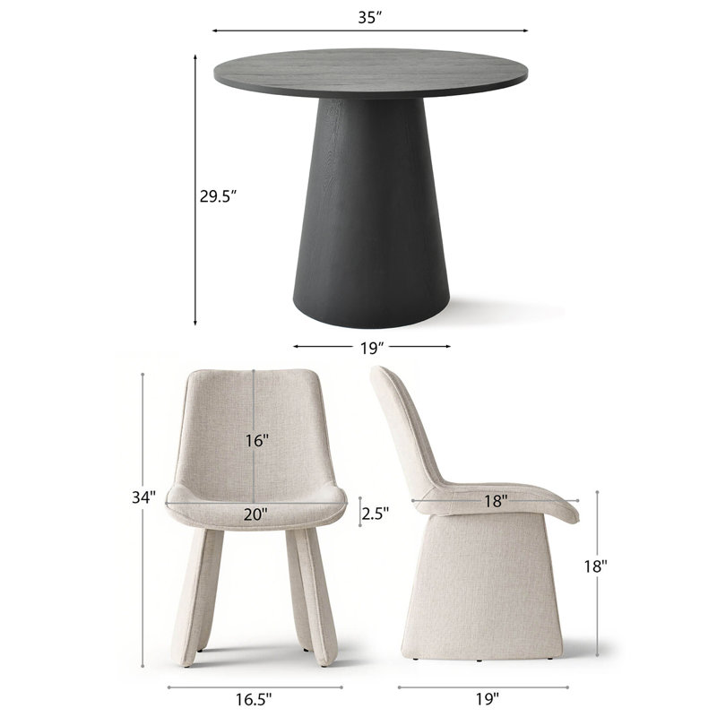 35" Round Pedestal Dining Table Set With 2 Upholstered Dining Chairs, Beige