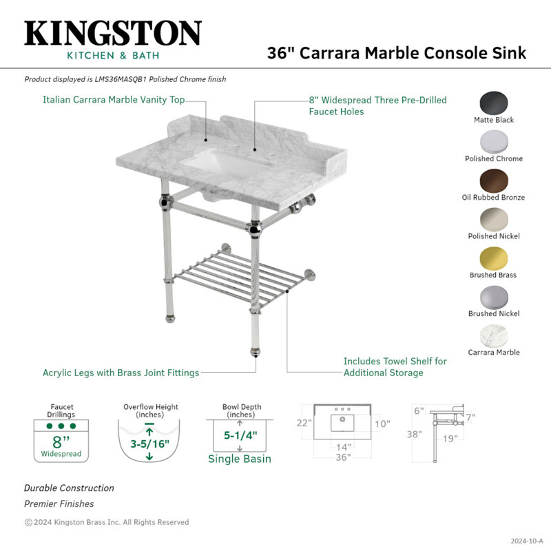 Kingston Brass Pemberton 36-Inch Carrara Marble Console Sink with Acrylic Legs and Shelf (8-Inch, 3-Hole)