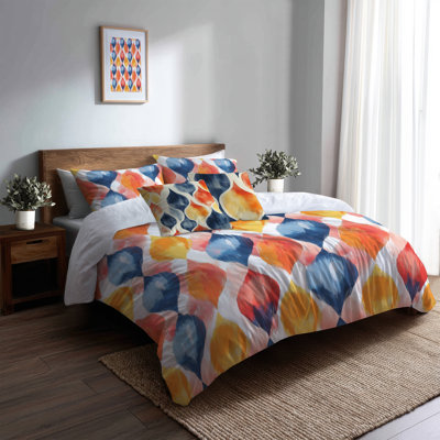 Ensemble d'édredon moderne de 6 - Ikat scandinave bleu et orange avec taies décoratives et coussins décoratifs