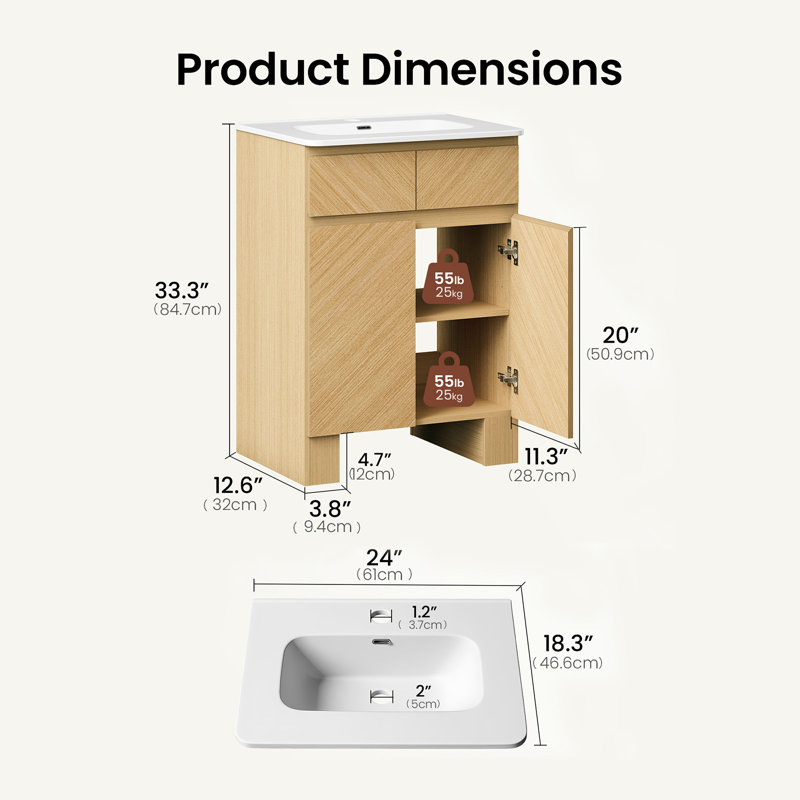 24" Single Bathroom Vanity With Ceramic Sink, Soft-Close Doors＆ Adjustable Shelf