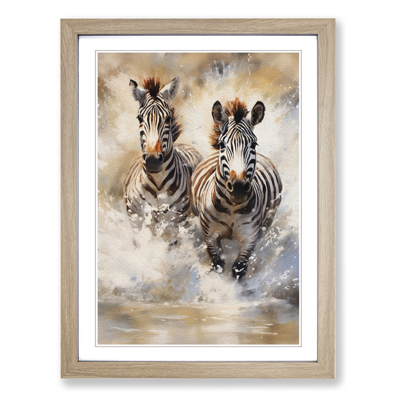 Zebra Impressionism - Single Picture Frame Print on Wood, 64cm H x 46cm W x 2cm D, Oak