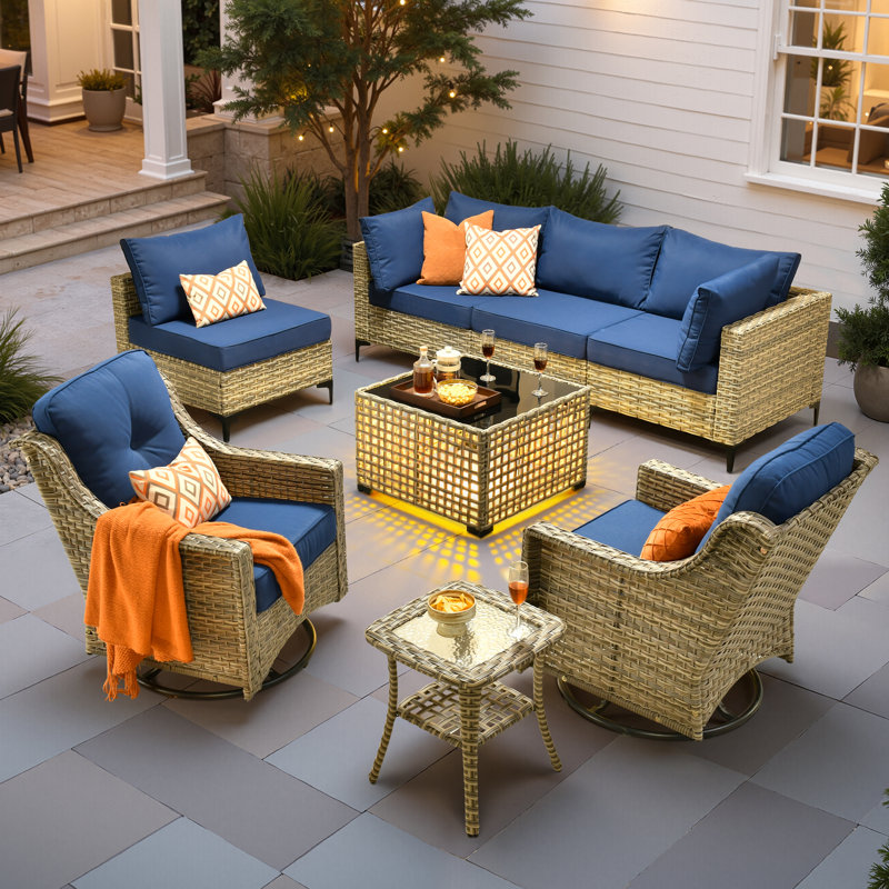 Emroy 6 - Person Reversible Modular Outdoor Conversation Set,Wicker Patio Seating Group with Lighted Coffee Table, All Weather Swivel Chair Set with Cushions