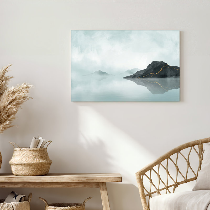 Art sur toile, paysage de montagne avec veines dorées et reflet de l'eau, 12"H x 18"W