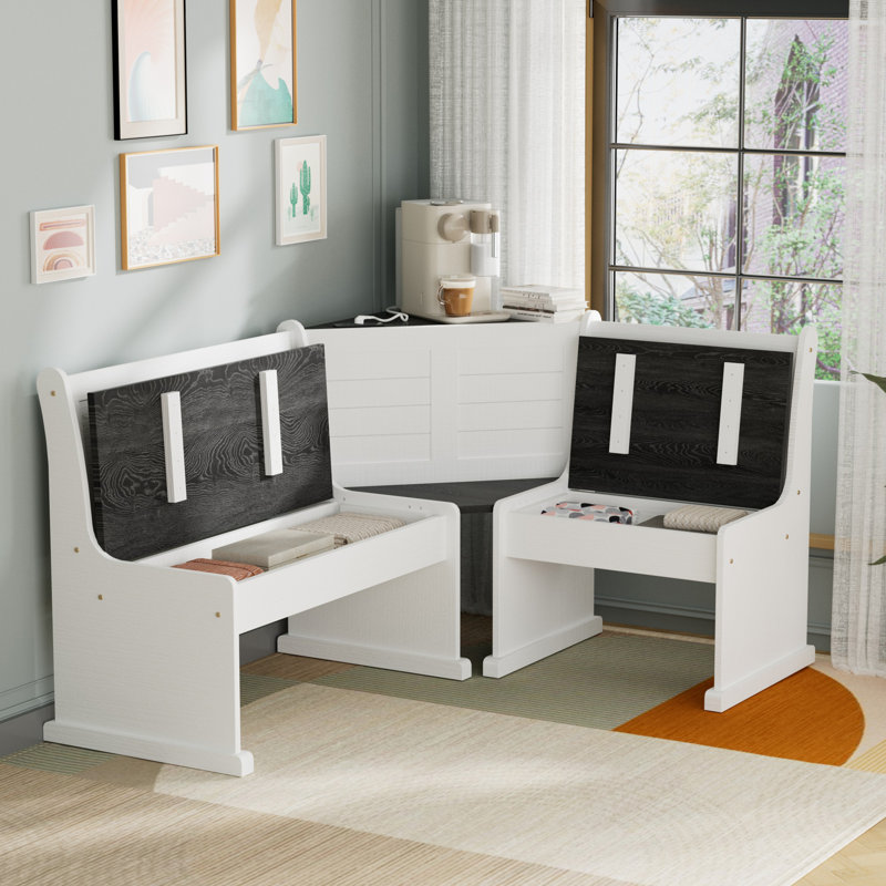 FSC Solid Pine L-shape Breakfast Nook Set Dining Corner Set With Charging, Storage & Reversible Bench (seats 3-5)