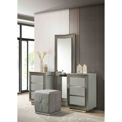 Glam Style 1Pc Vanity Set W/ Stool Plinth Base Silver Molding Glass Top LED On Headboard And Mirror Gray Finish Bedroom Furniture