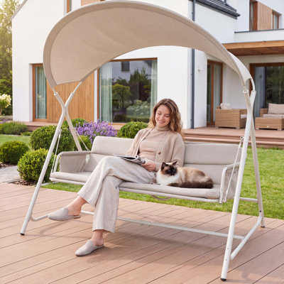 Balancelle extérieure robuste à trois places avec coussin résistant aux intempéries pour se détendre dans le jardin