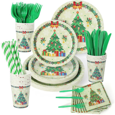 Ensemble de 215 assiettes et serviettes de Noël, ensemble de vaisselle jetable pour arbre de Noël Serve 25