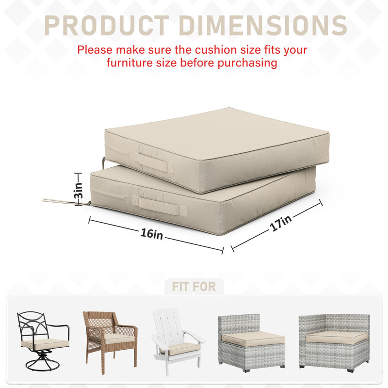 Coussins de siège d'extérieur (ensemble de 2), Crème, crème, L 17 po x P 16 po, 3 pouces