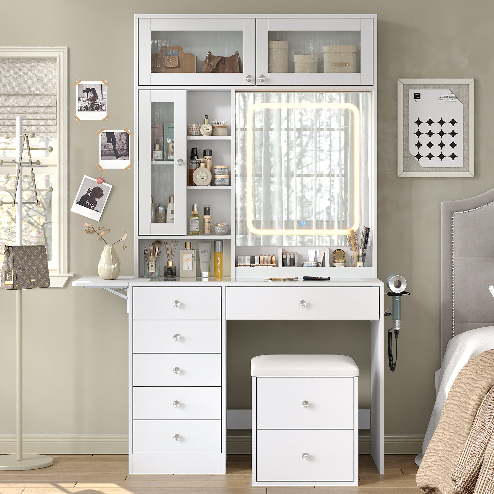 Brayden Studio® Jamair Desk With Mirror And Lights, Makeup Jamair With ...