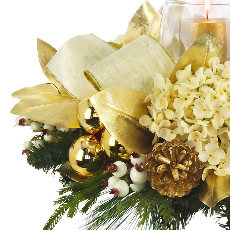 Holiday Candleholder With Hydrangeas And Magnolia Leaves