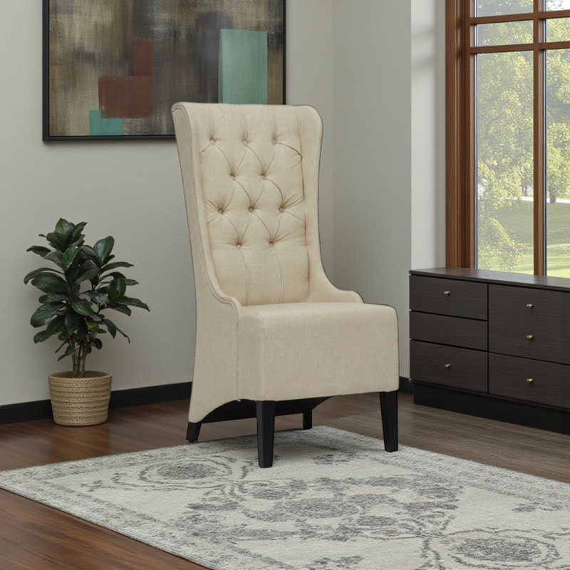 Fauteuil à oreilles Abundio en tissu de lin avec pieds en bois noir, H 47,25 po x l 21,25 po x P 23 po