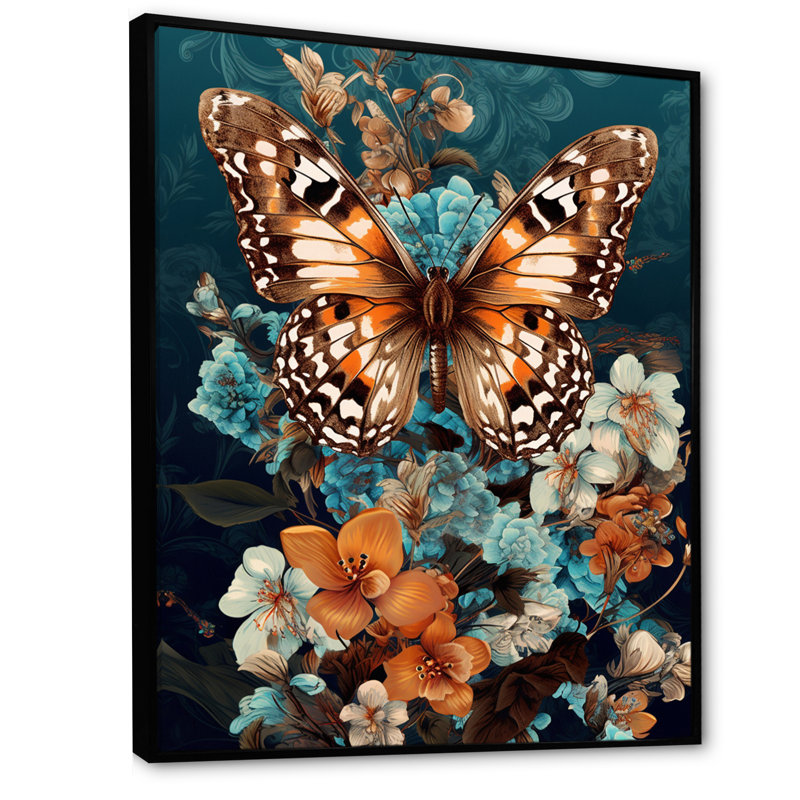 Gracieux papillon brun sur des orchidées rétro I, H 32 po x l 16 po x P 1 po, Cadre flottant noir