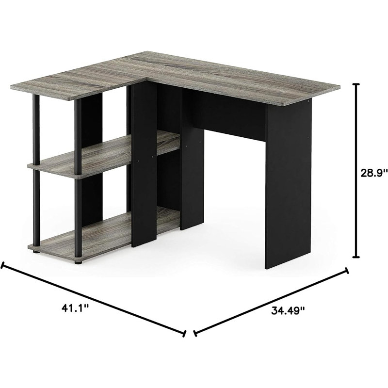 41.14'' W L-Shaped Computer Desk with Bookshelf, Gray/Black