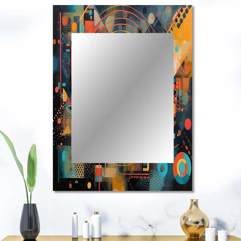 Orange And Blue Geometric Vibrations II - Geometric Decorative Wall Mirror, Modern Mirror, Printed Metal Art, 40" x 30"